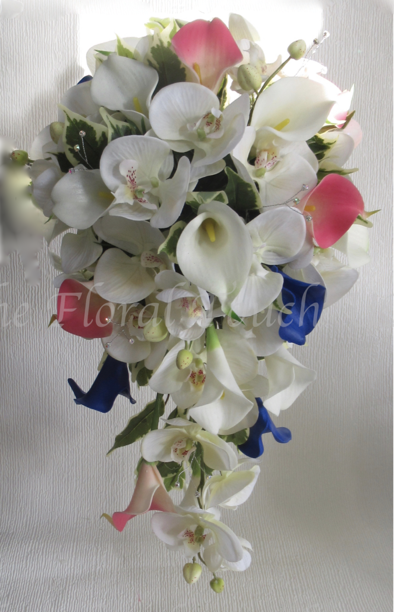 Pink, Blue & white calla lily and rose wedding bouquet